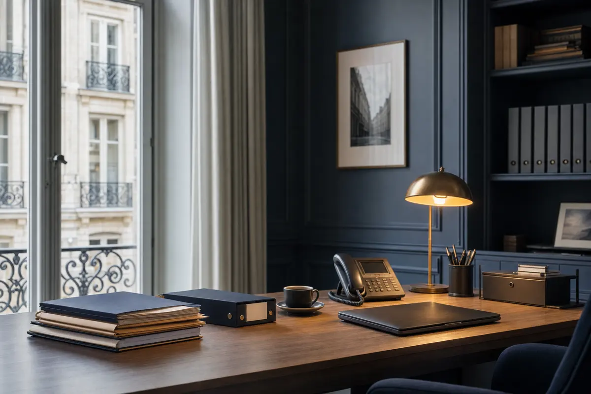 Un bureau de cabinet rangé, des classeurs, un téléphone et une lampe allumée